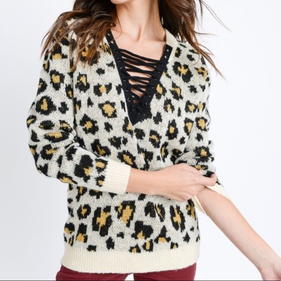 Sweaters - Love Ivory Leopard Animal Print Lace Up Sweater